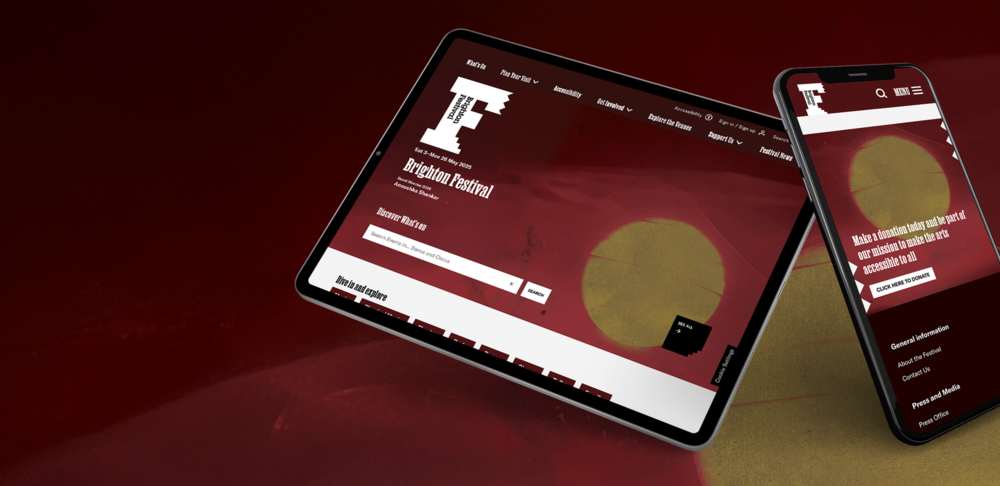 Over a background illustration of s sunrise, two devices show the Brighton Festival website