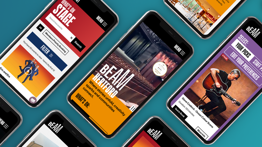 A series of phones show the BEAM website