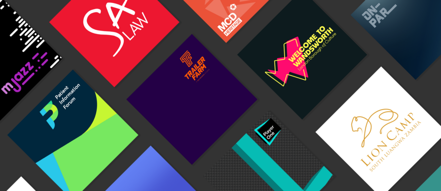 A series of squares on a grey background, showing branding from our clients including: mjazz, SA LAw, MCD Heritage, PIF, Trailer Farm, Medics for Rare Diseases, On-PAR, Player One Consulting and Lion Camp