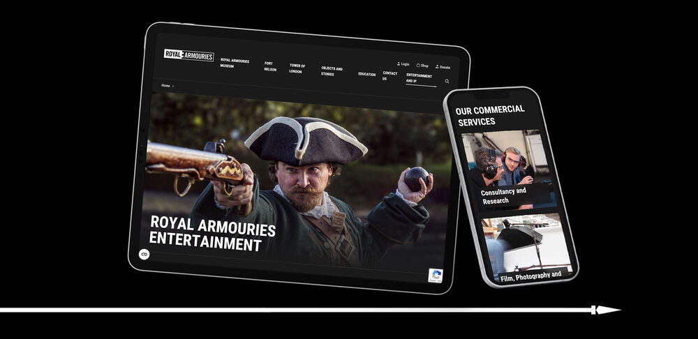 On a dark background, a tablet and iphone show the website