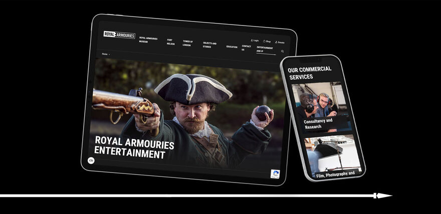 On a dark background, a tablet and iphone show the website
