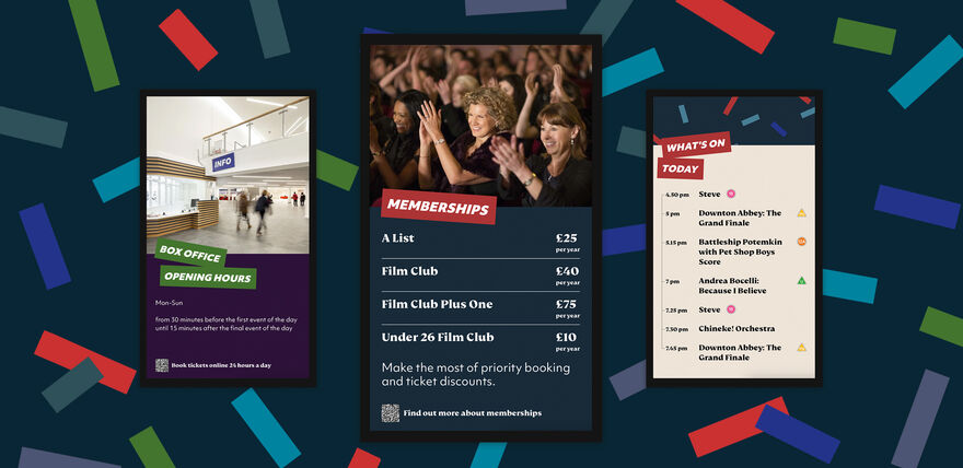 Three screens on a ticket-tape background