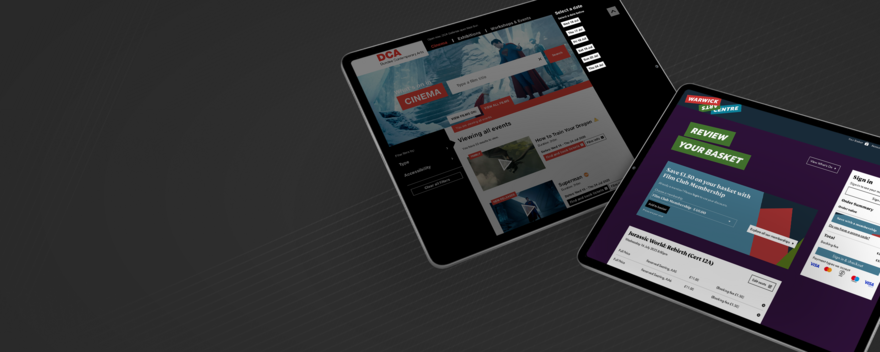 Two iPads show the booking flow for DCA and Warwick Arts Centre