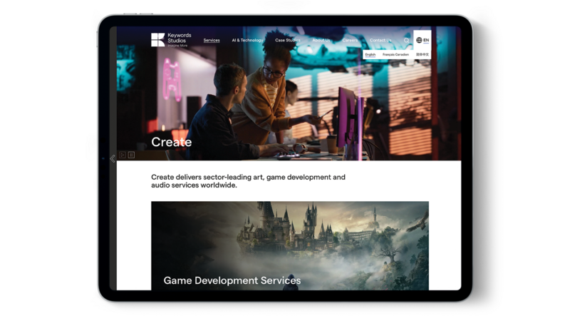 The Keywords Studios website on the 'Create' page with the language options open. 