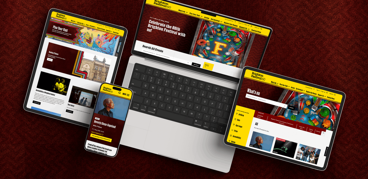 On a dark red carpet background, a series of devices show the Brighton Festival 2026 website