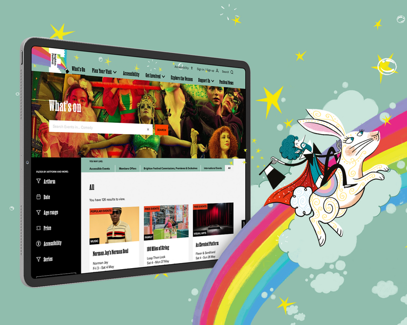 A tablet shows the website, around it are stars, bubbles and clouds. Overlayed a magician rides a large rabbit on a rainbow