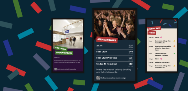 Three screens on a ticket-tape background