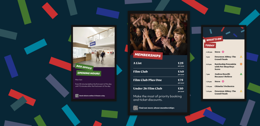 Three screens on a ticket-tape background