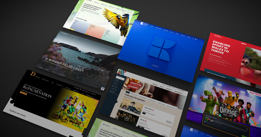 On a grey background, desktop home pages from our clients websites sit at an angle. These include Casco Pet, Keywords Studios, Sport Wales, Pembrokeshire Leisure, Warwick Arts Centre, Outrage, and Brighton Dome