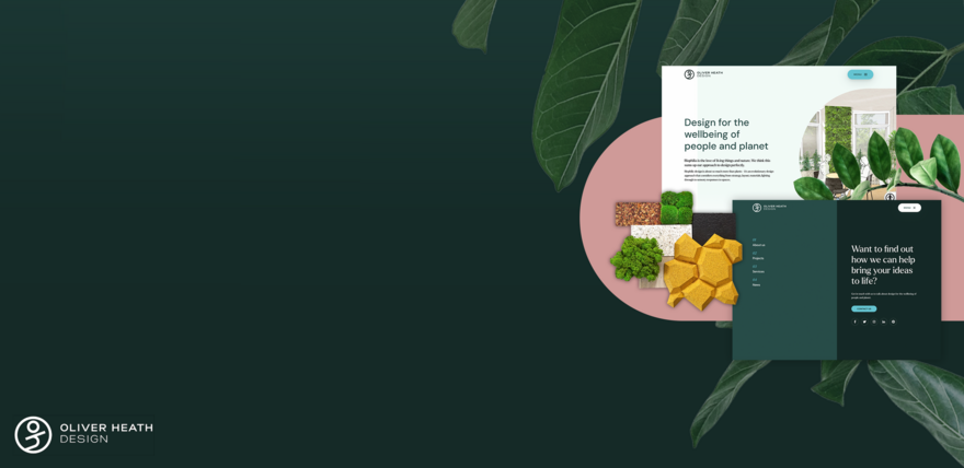 A collection of leaves, moss and other biophillic materieals with wesite screenshots on a dark green background. In the bottom left corner is the Oliver Heath Design logo