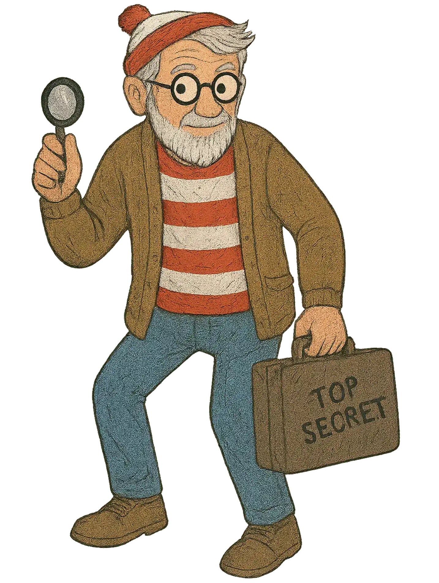 A drawing of Grandad Tim, an older white man with grey hair and glasses, he is wearing a red and white stripy jumper and matching hat while holding a magnifying glass and briefcase labelled “top secret”.